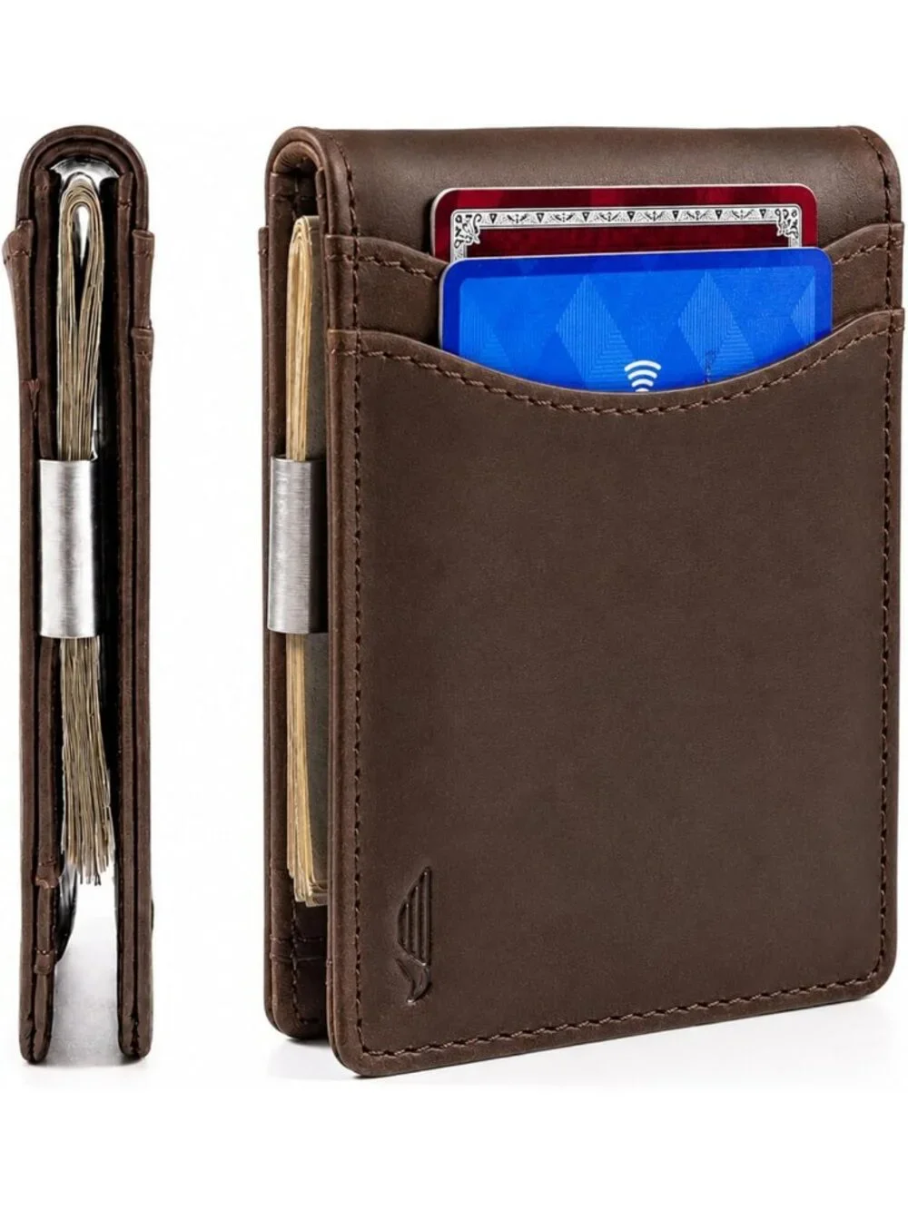 Sleek Leather Bifold Wallet for Men, Slim Money Clip, RFID Blocking - Brown